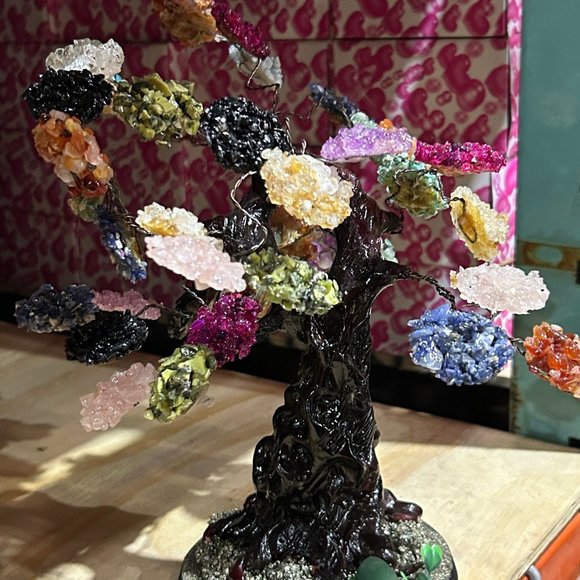 Bonsai Tree Stones Large  Multicolor Stone Tree w/Pyrite on Wood Base - Picture 12 of 12